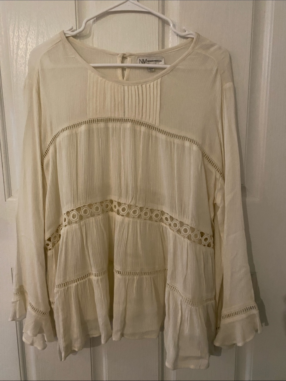 Neiman Marcus Cream Lace-Trim Peasant Blouse
